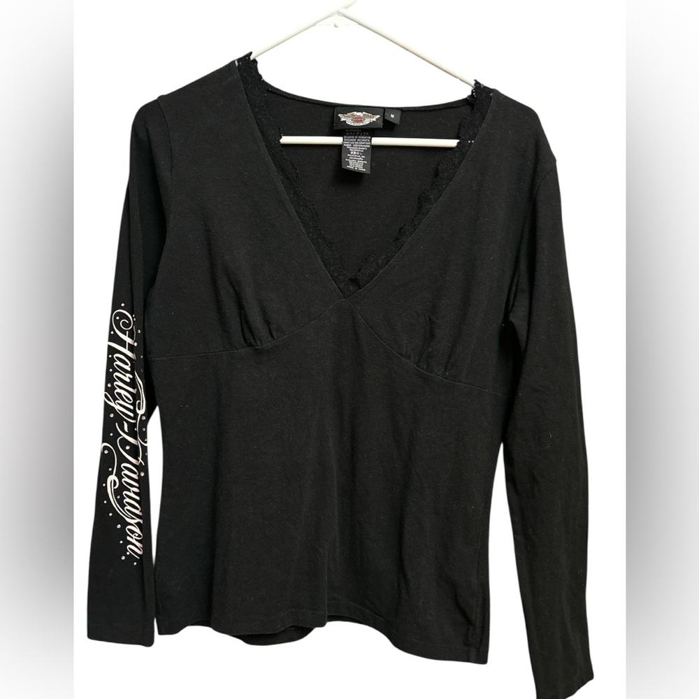 Harley-Davidson Black V-Neck Blouse with Sleeve Design